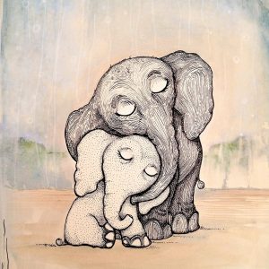 Whimsical Mom and Baby Elephant