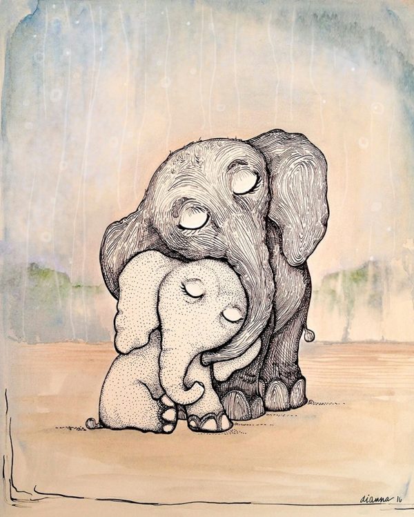 Whimsical Mom and Baby Elephant