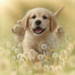 Golden Retriever Puppy - Dandelions - Square