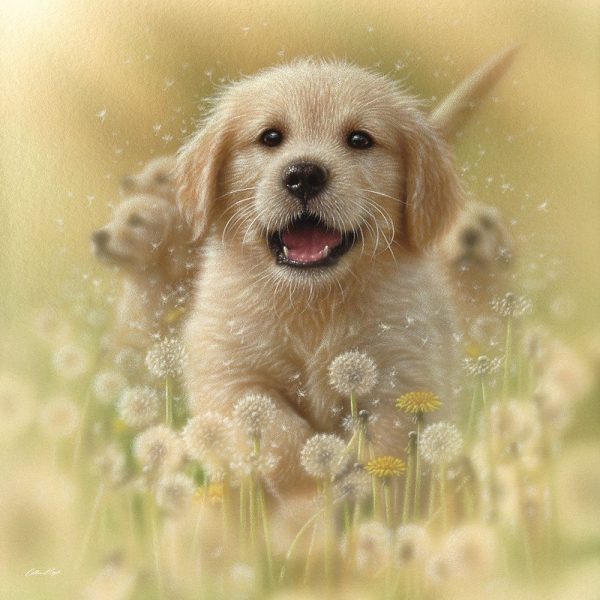 Golden Retriever Puppy - Dandelions - Square