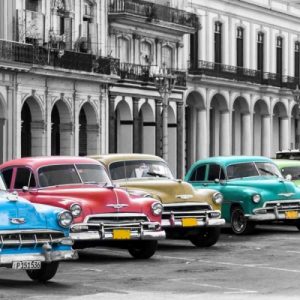 Cars parked in line, Havana, Cuba