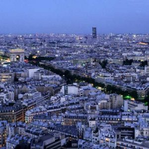 Aerial view of Paris at dusk