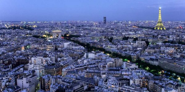 Aerial view of Paris at dusk