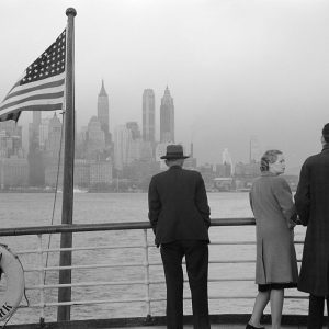 Lower Manhattan seen from the S.S. Coamo leaving New York