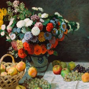 Still life with flowers and fruit