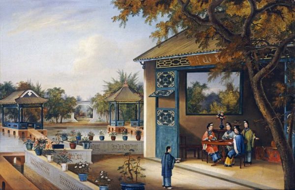 Chinese Ladies Playing Mahjong In The Pavilion of a House