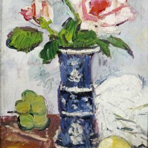 Pink Roses In a Chinese Blue and White Gu-Shaped Vase