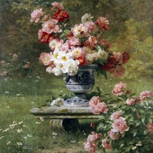 Peonies In An Urn In a Garden