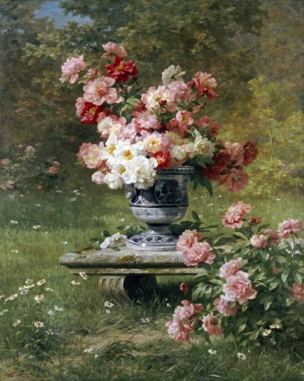 Peonies In An Urn In a Garden