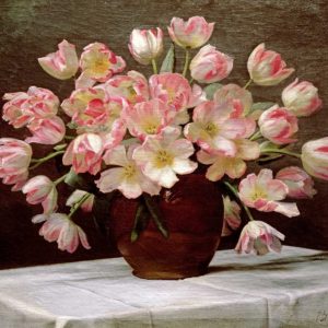 Tulips In a Vase on a Draped Table