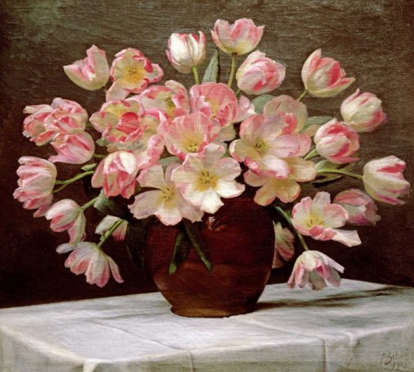 Tulips In a Vase on a Draped Table