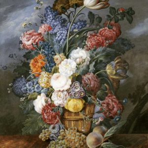 A Still Life of Mixed Flowers In a Vase on a Stone Ledge