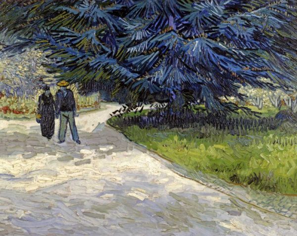 Public Garden with Couple and Blue Fir Tree