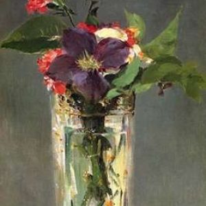 Pinks and Clematis in a Crystal Vase