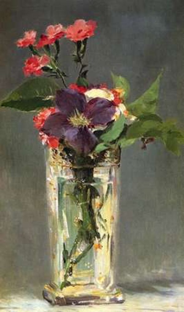 Pinks and Clematis in a Crystal Vase