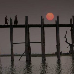 Myanmar, Amarapura Monks crossing U Bein Bridge