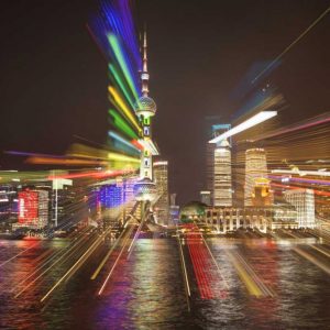 China, Shanghai Downtown buildings at night