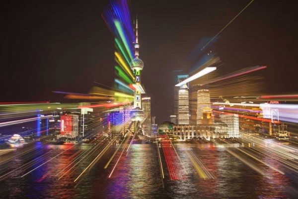 China, Shanghai Downtown buildings at night