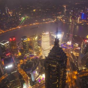 China, Shanghai Downtown buildings at night