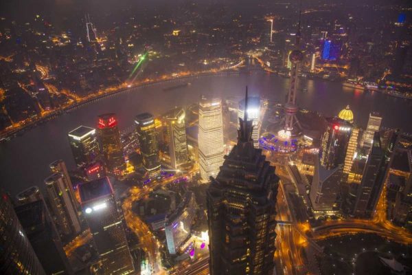 China, Shanghai Downtown buildings at night