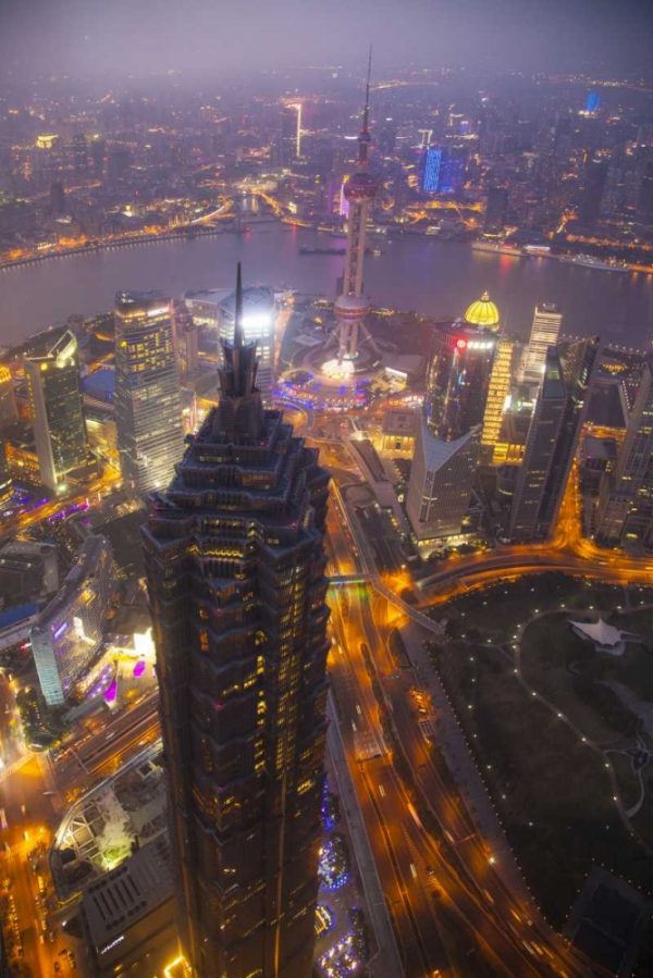 China, Shanghai Downtown buildings at night