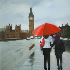 BRITISH UNDER UMBRELLA IN FRONT OF THE BIG BEN